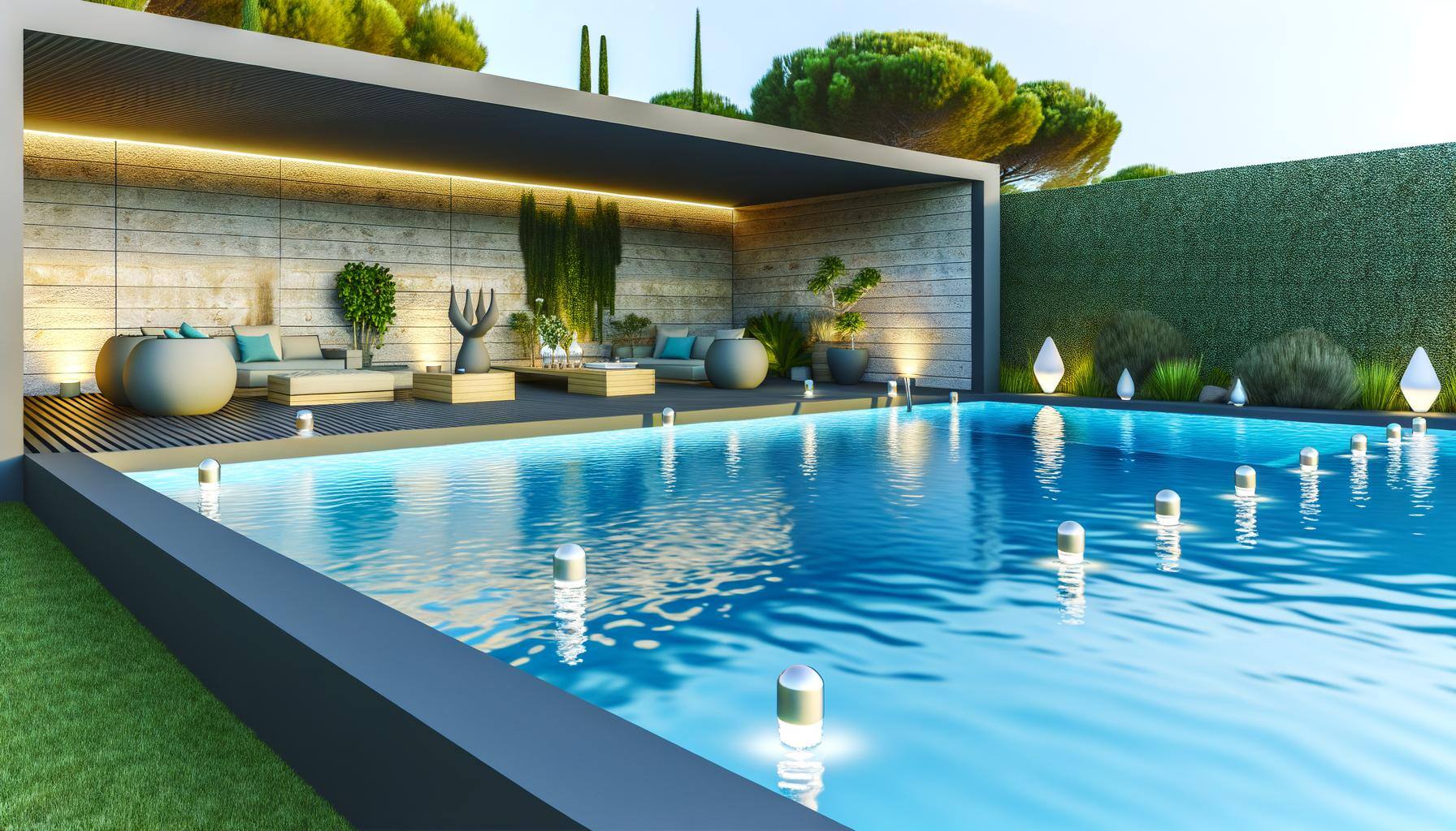 Create a detailed image of a contemporary, edgeless swimming pool that overlooks a scenic landscape. The pool"s pristine design merges effortlessly wi